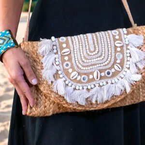 Indian 🫶 Artisan Braided Jute Straw Fringed Boho Chic Clutch Sling Bag